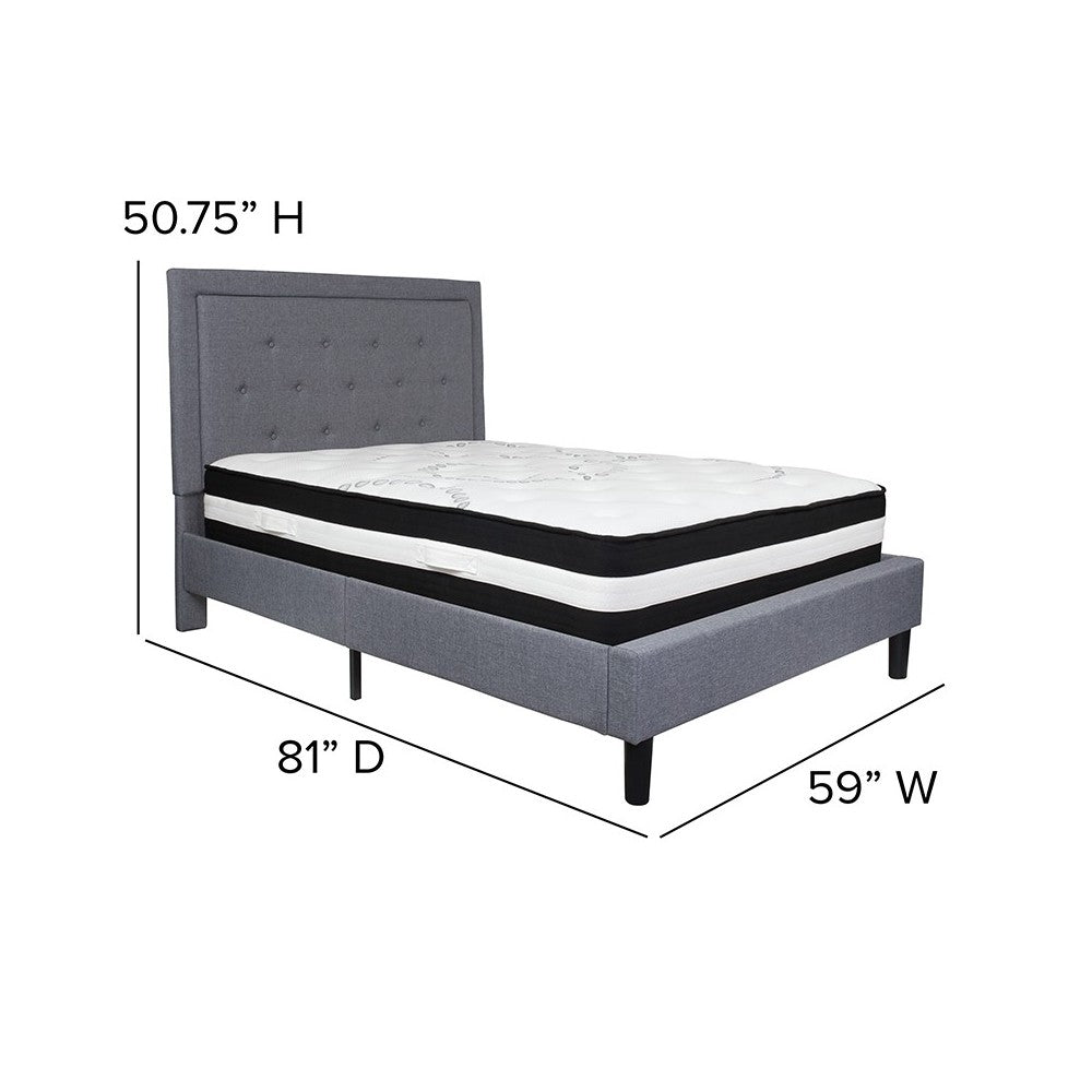 Roxbury Full Size Tufted Upholstered Platform Bed in Light Gray Fabric with Pocket Spring Mattress