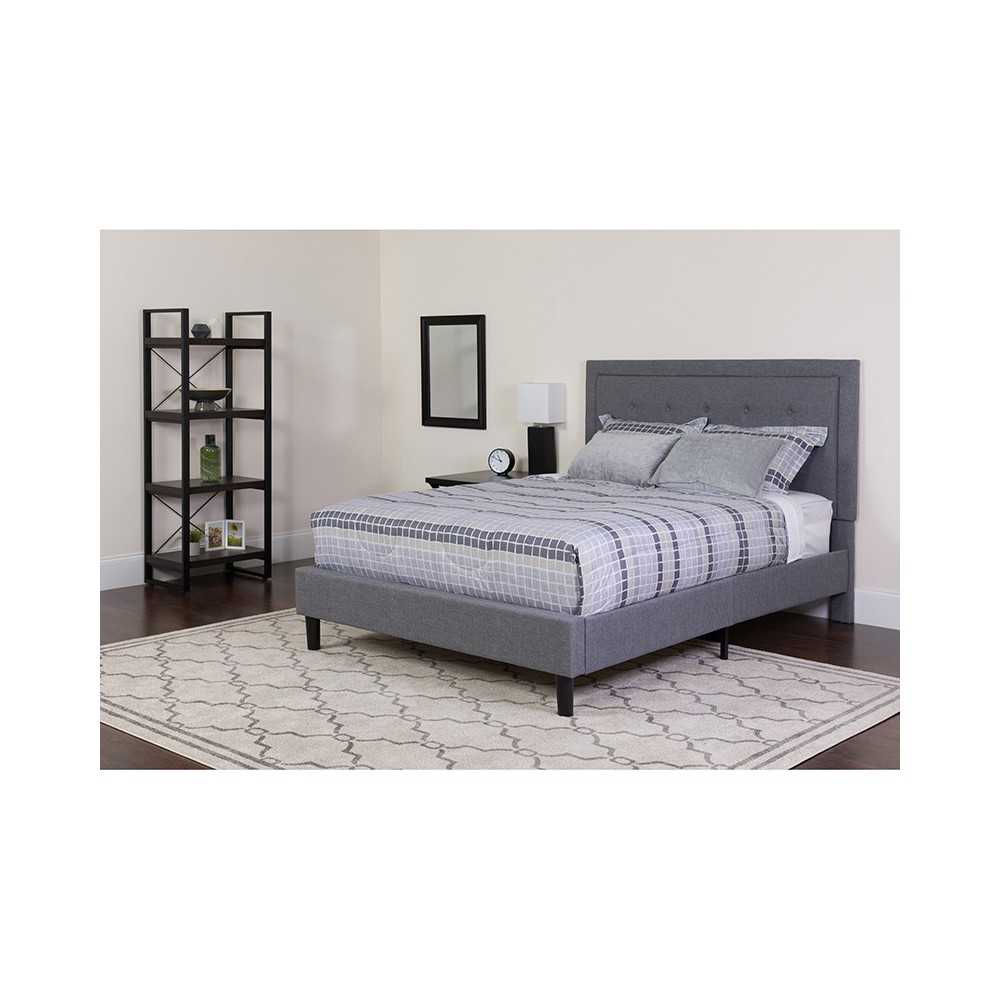 Roxbury Full Size Tufted Upholstered Platform Bed in Light Gray Fabric with Pocket Spring Mattress