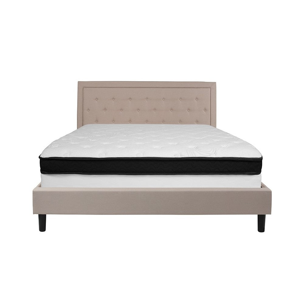 Roxbury King Size Tufted Upholstered Platform Bed in Beige Fabric with Memory Foam Mattress