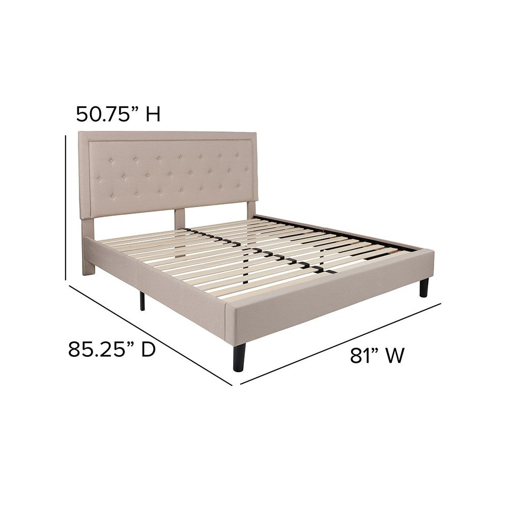 Roxbury King Size Tufted Upholstered Platform Bed in Beige Fabric
