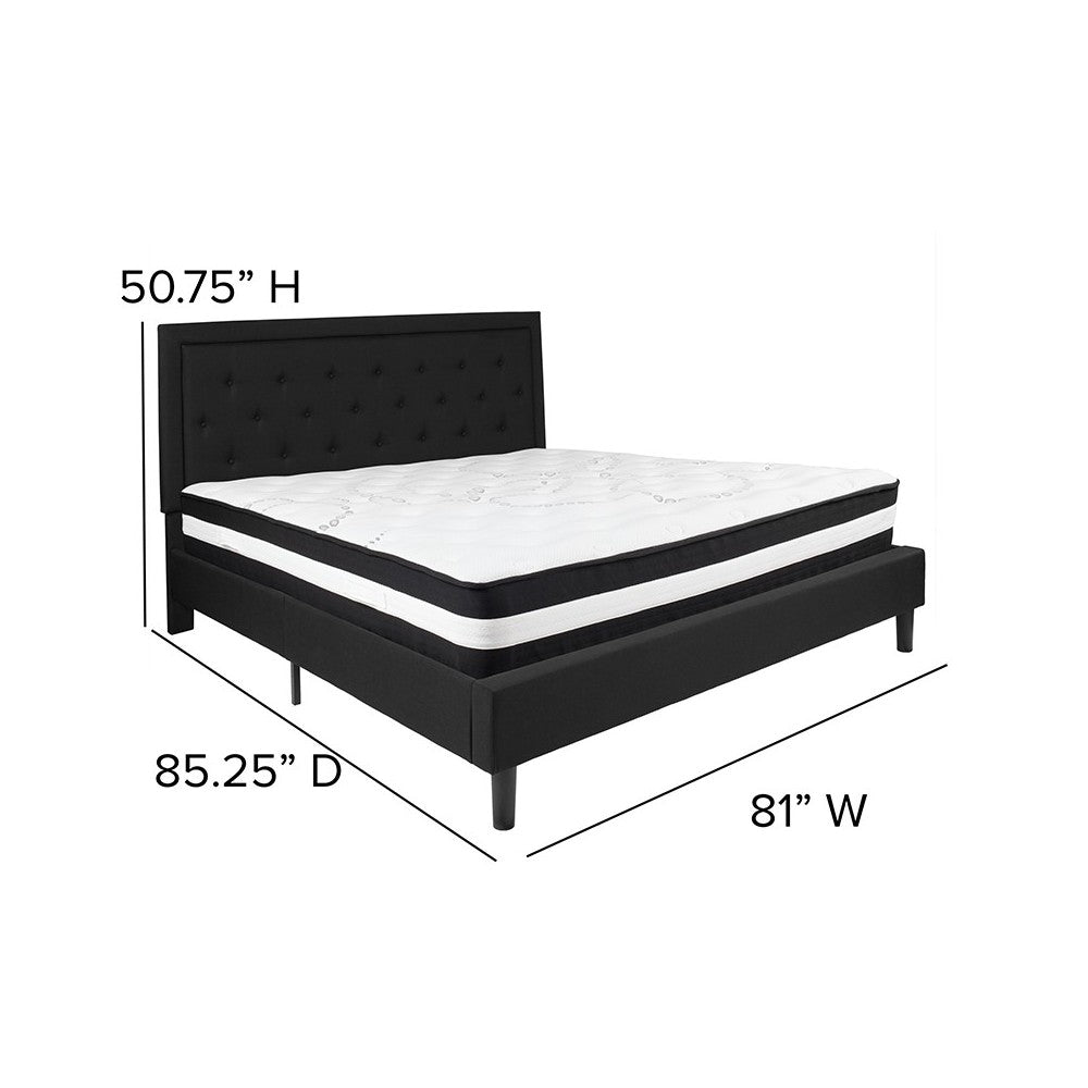 Roxbury King Size Tufted Upholstered Platform Bed in Black Fabric with Pocket Spring Mattress