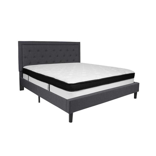 Roxbury King Size Tufted Upholstered Platform Bed in Dark Gray Fabric with Memory Foam Mattress