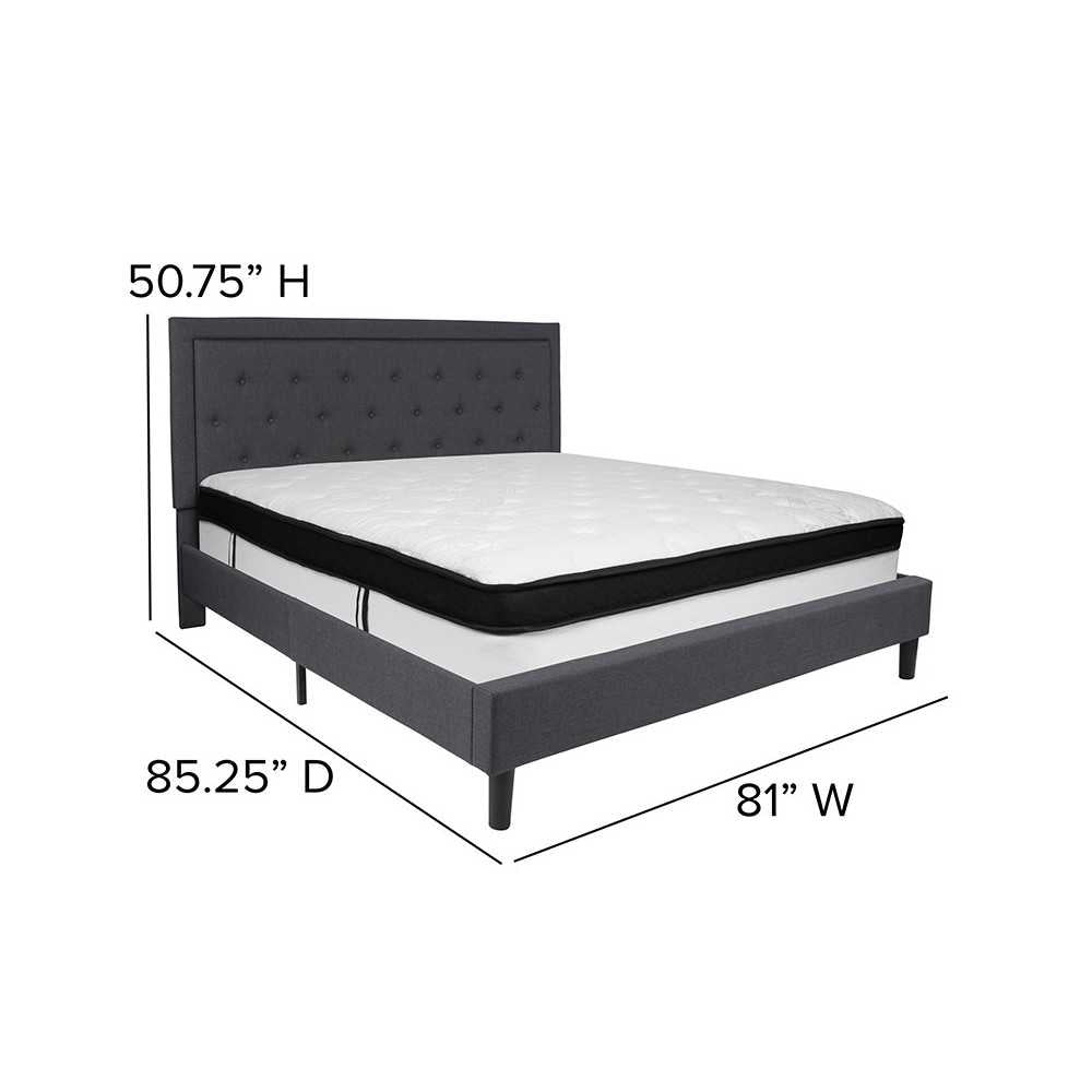 Roxbury King Size Tufted Upholstered Platform Bed in Dark Gray Fabric with Memory Foam Mattress