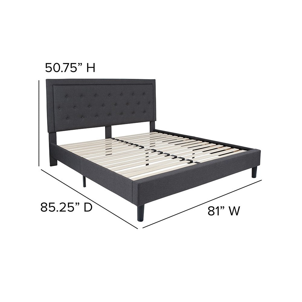 Roxbury King Size Tufted Upholstered Platform Bed in Dark Gray Fabric