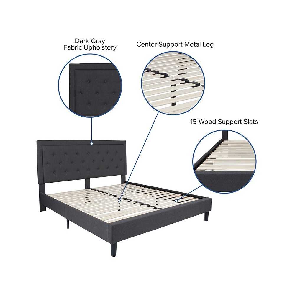 Roxbury King Size Tufted Upholstered Platform Bed in Dark Gray Fabric