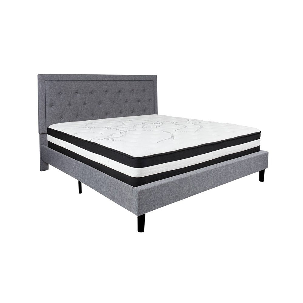Roxbury King Size Tufted Upholstered Platform Bed in Light Gray Fabric with Pocket Spring Mattress
