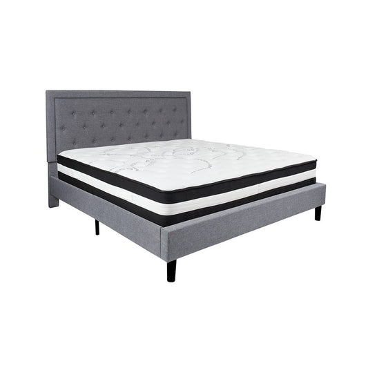 Roxbury King Size Tufted Upholstered Platform Bed in Light Gray Fabric with Pocket Spring Mattress