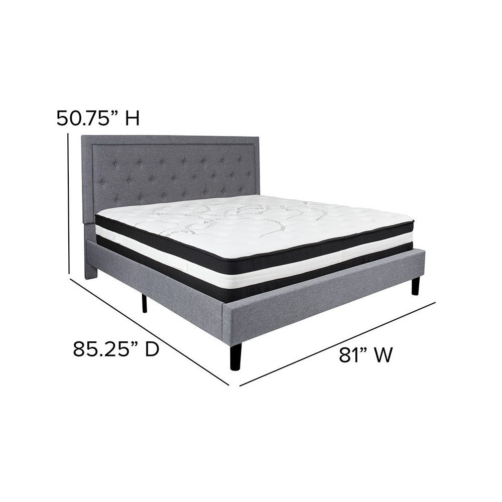 Roxbury King Size Tufted Upholstered Platform Bed in Light Gray Fabric with Pocket Spring Mattress