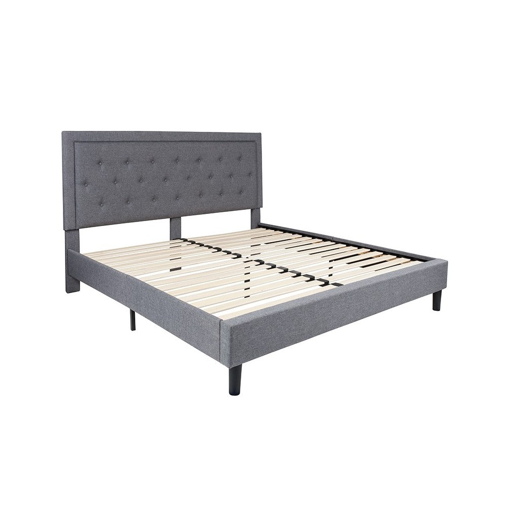 Roxbury King Size Tufted Upholstered Platform Bed in Light Gray Fabric