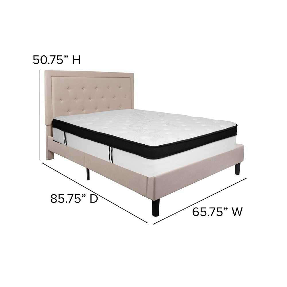 Roxbury Queen Size Tufted Upholstered Platform Bed in Beige Fabric with Memory Foam Mattress