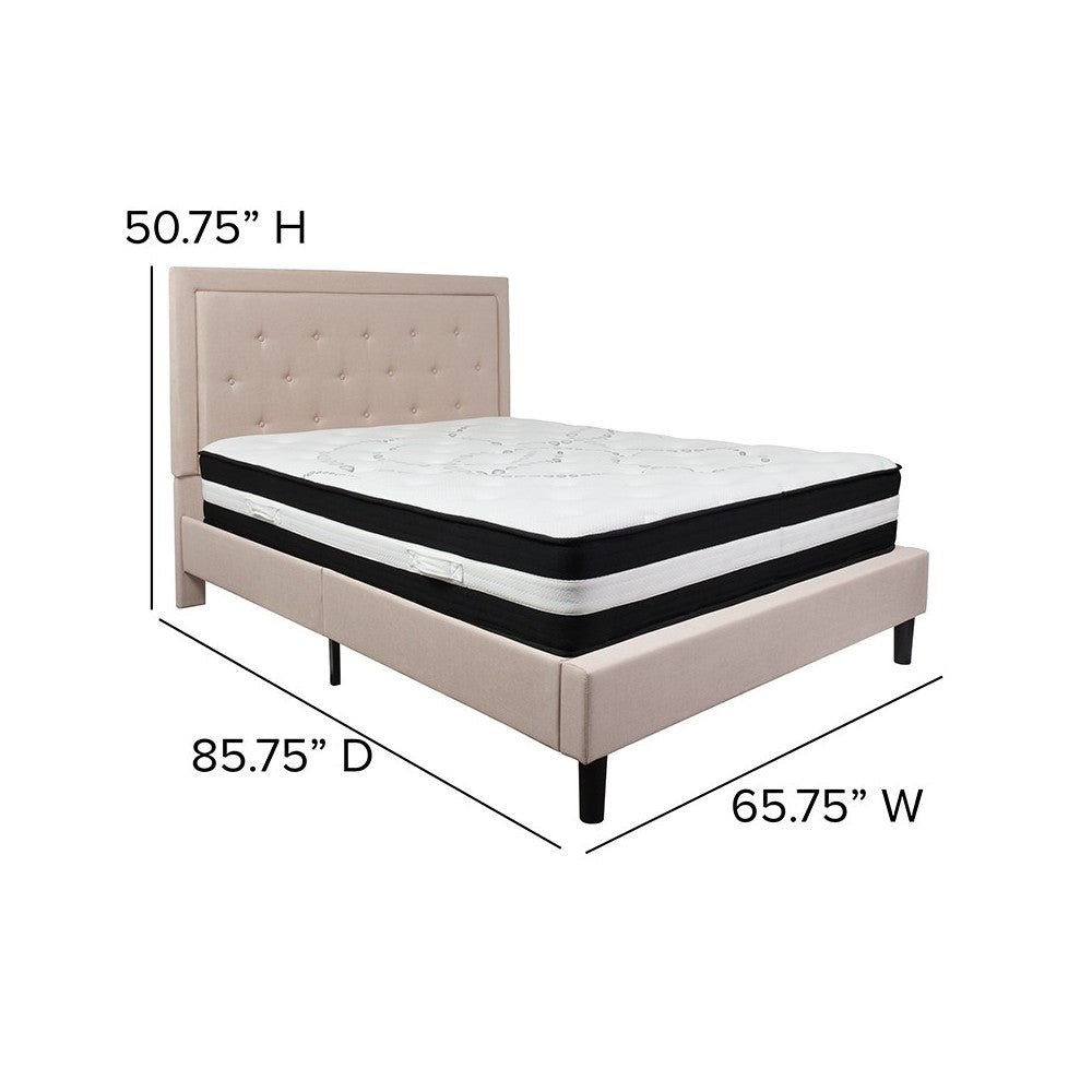 Roxbury Queen Size Tufted Upholstered Platform Bed in Beige Fabric with Pocket Spring Mattress