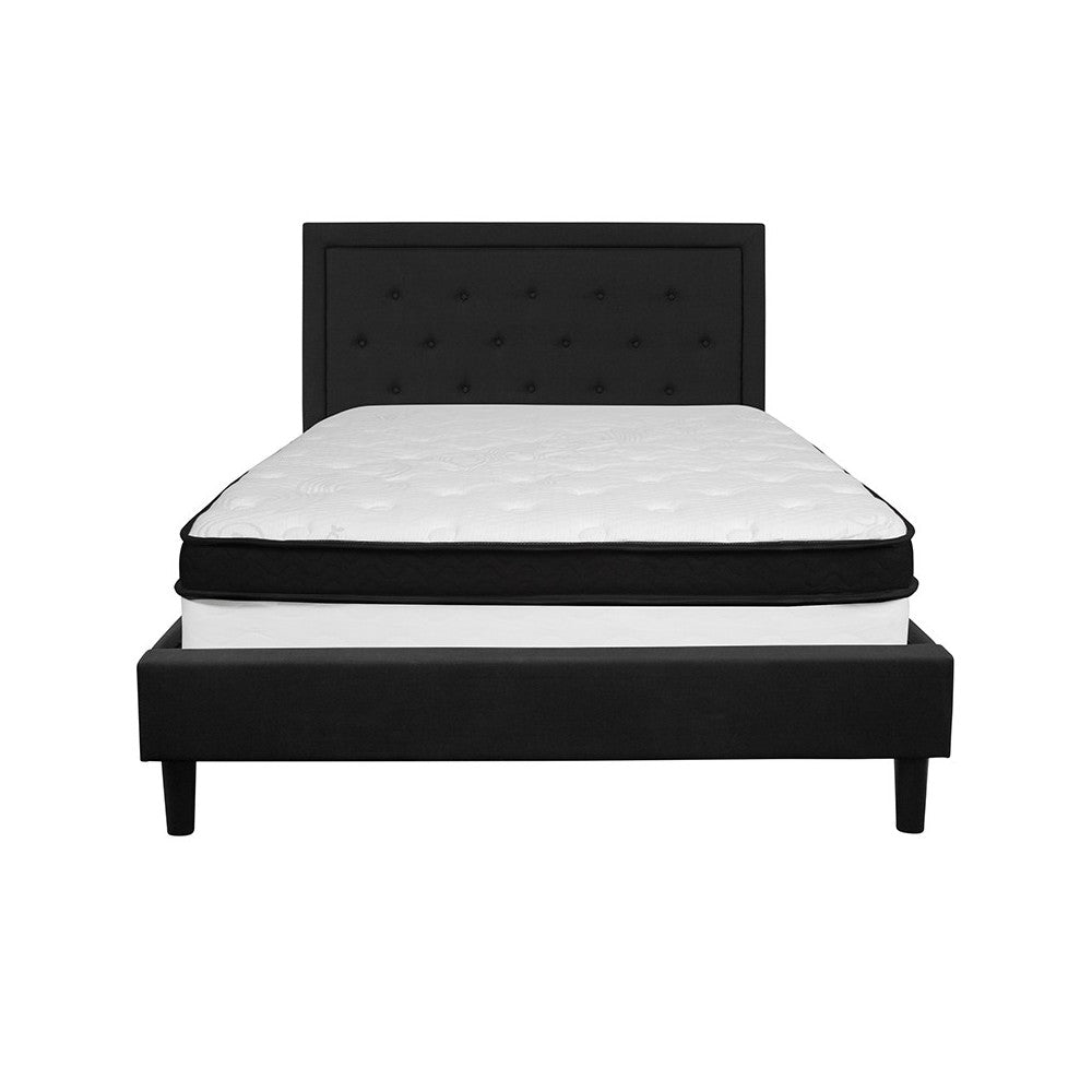 Roxbury Queen Size Tufted Upholstered Platform Bed in Black Fabric with Memory Foam Mattress