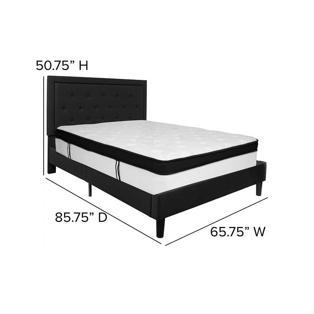 Roxbury Queen Size Tufted Upholstered Platform Bed in Black Fabric with Memory Foam Mattress