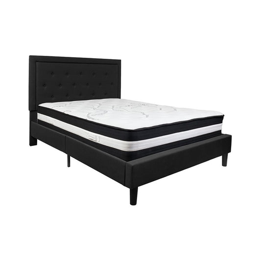Roxbury Queen Size Tufted Upholstered Platform Bed in Black Fabric with Pocket Spring Mattress