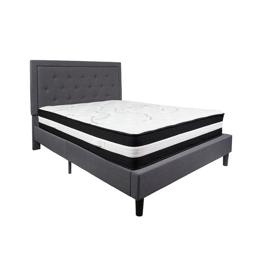 Roxbury Queen Size Tufted Upholstered Platform Bed in Dark Gray Fabric with Pocket Spring Mattress