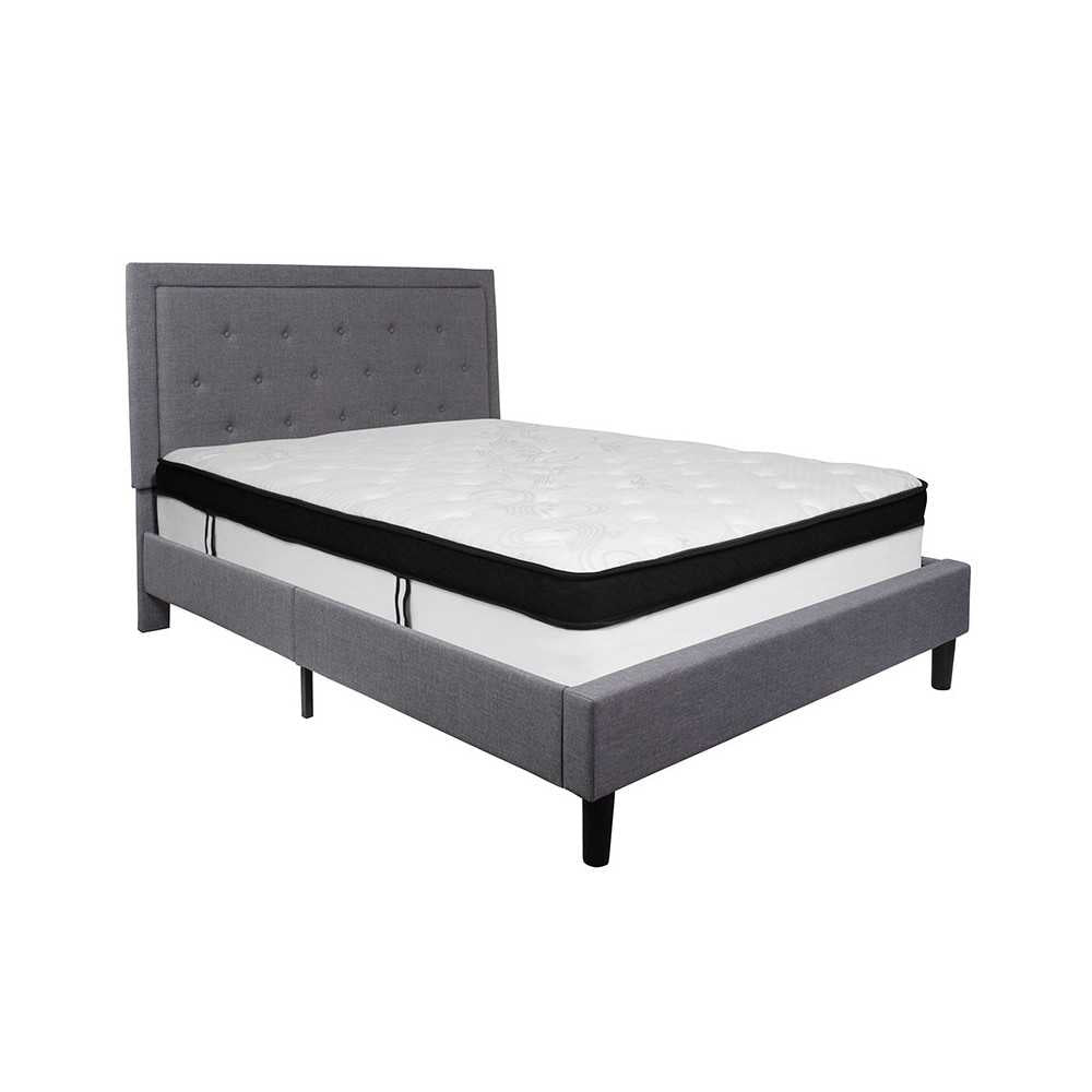 Roxbury Queen Size Tufted Upholstered Platform Bed in Light Gray Fabric with Memory Foam Mattress