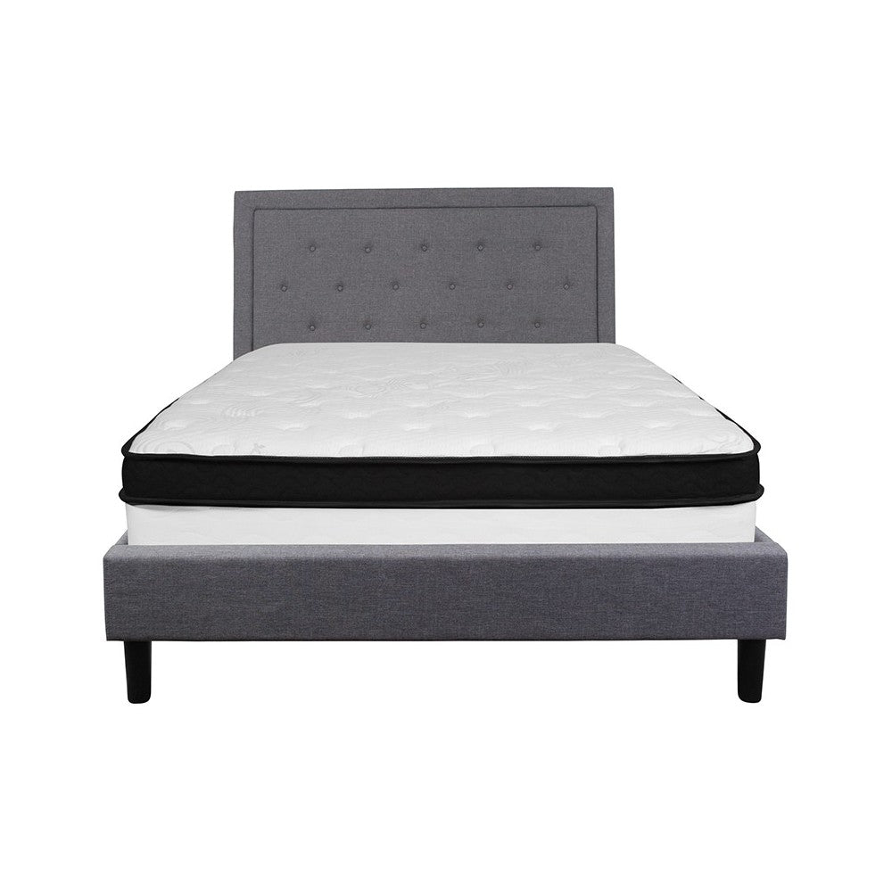 Roxbury Queen Size Tufted Upholstered Platform Bed in Light Gray Fabric with Memory Foam Mattress