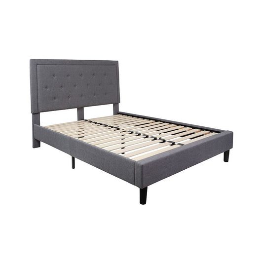 Roxbury Queen Size Tufted Upholstered Platform Bed in Light Gray Fabric