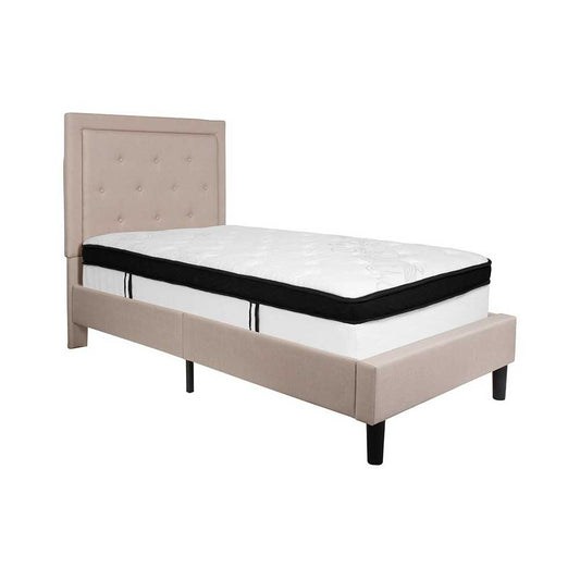 Roxbury Twin Size Tufted Upholstered Platform Bed in Beige Fabric with Memory Foam Mattress