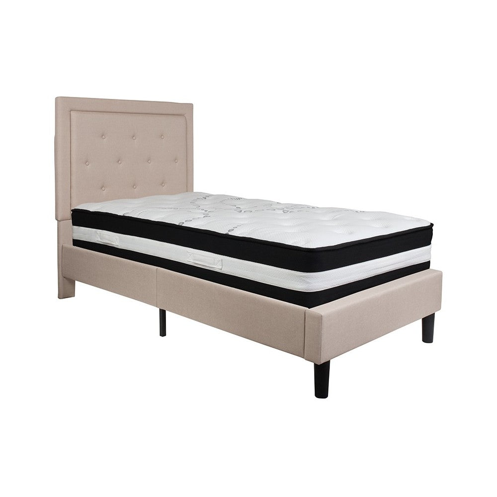 Roxbury Twin Size Tufted Upholstered Platform Bed in Beige Fabric with Pocket Spring Mattress