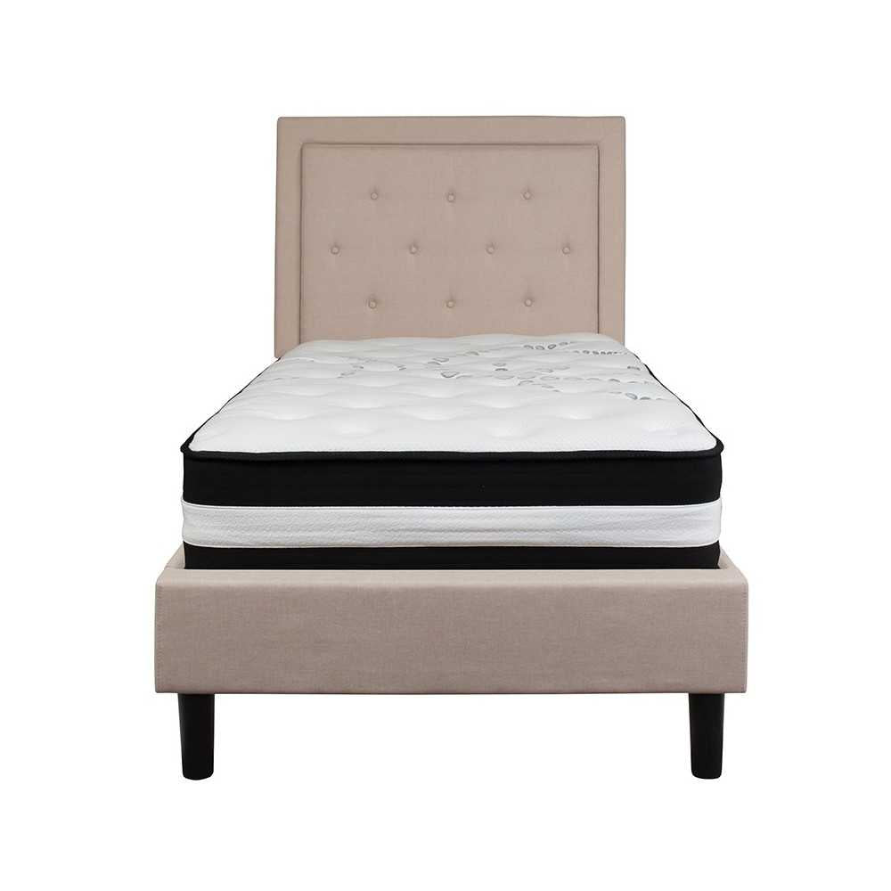 Roxbury Twin Size Tufted Upholstered Platform Bed in Beige Fabric with Pocket Spring Mattress