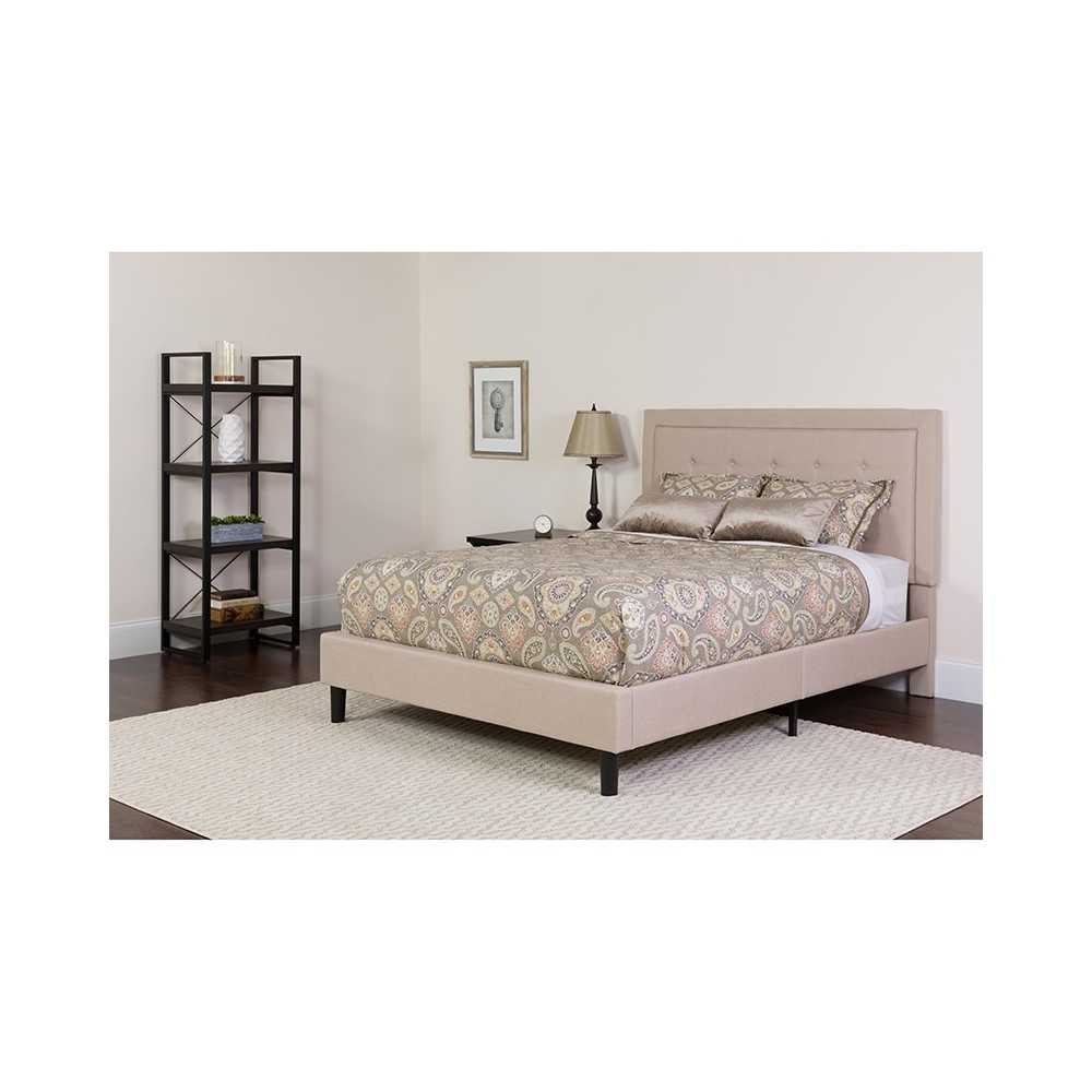 Roxbury Twin Size Tufted Upholstered Platform Bed in Beige Fabric with Pocket Spring Mattress