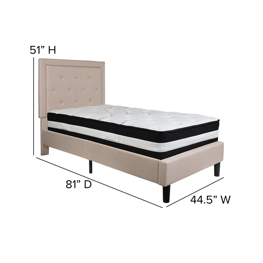 Roxbury Twin Size Tufted Upholstered Platform Bed in Beige Fabric with Pocket Spring Mattress