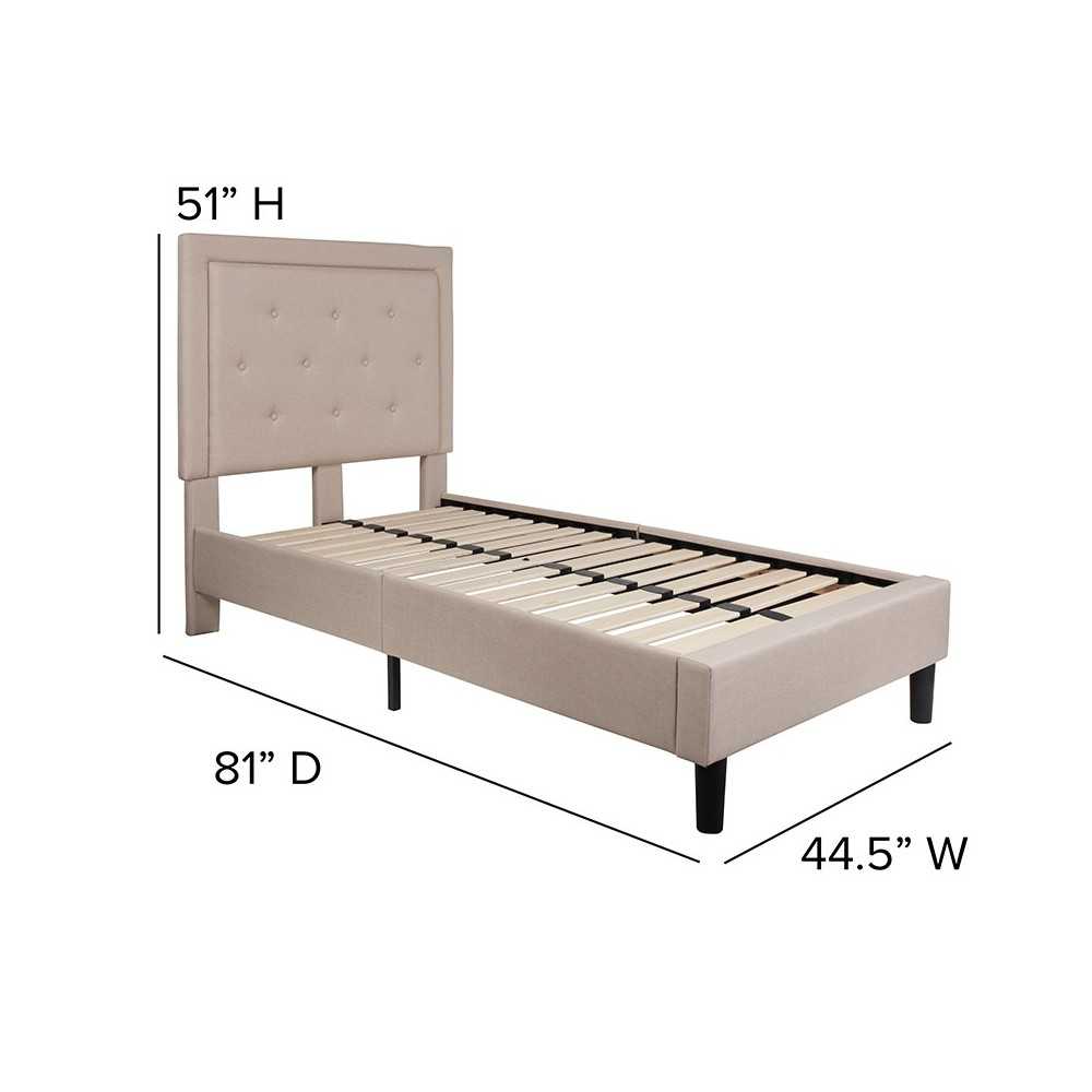 Roxbury Twin Size Tufted Upholstered Platform Bed in Beige Fabric