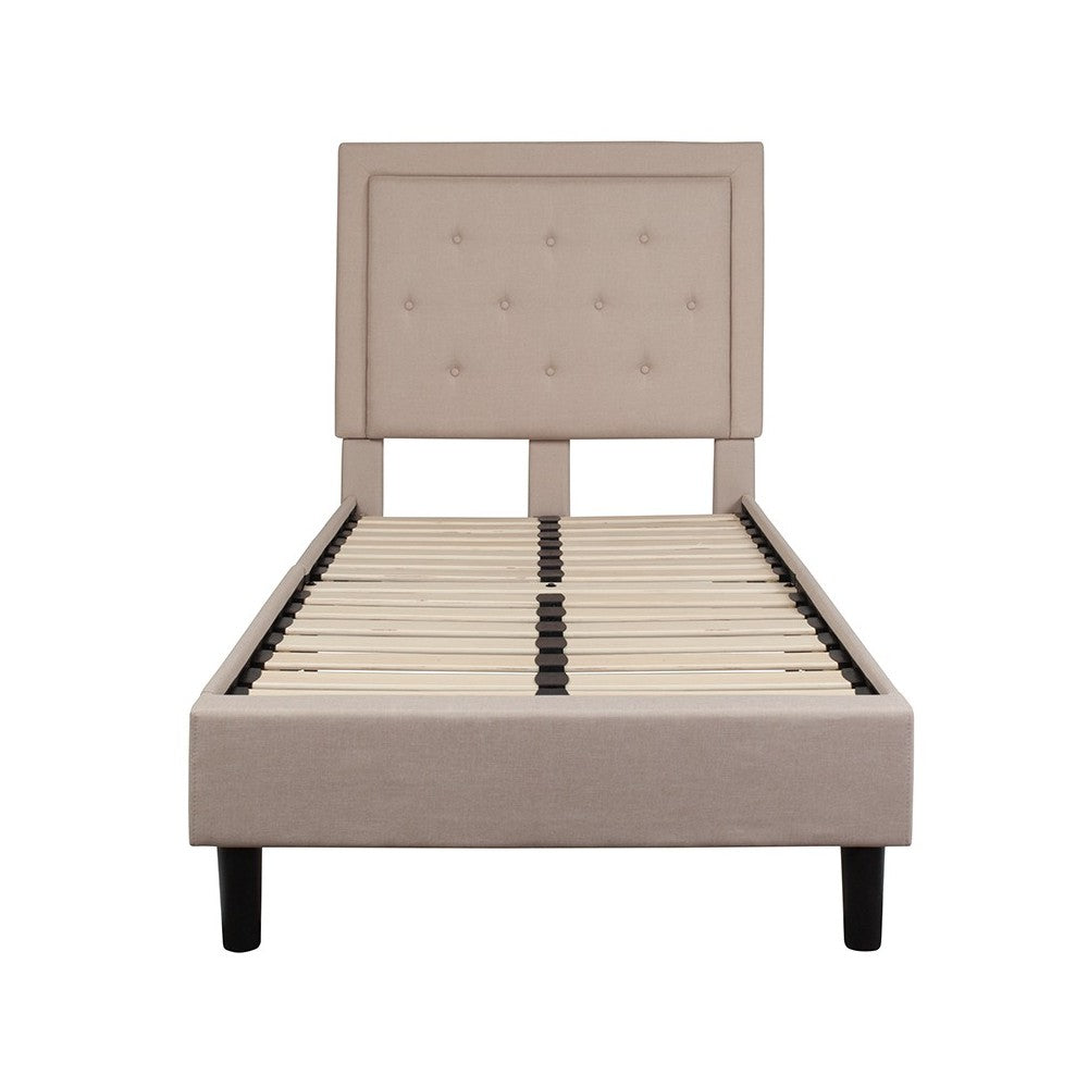 Roxbury Twin Size Tufted Upholstered Platform Bed in Beige Fabric
