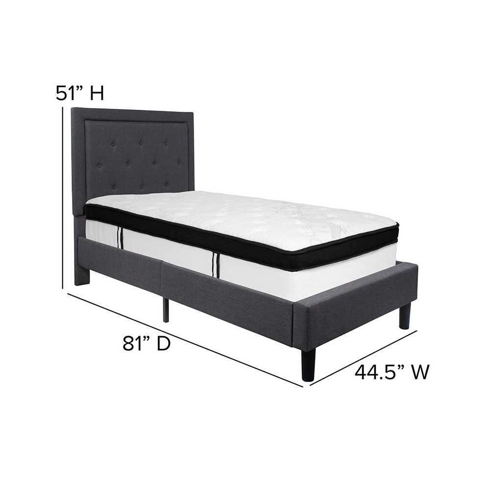 Roxbury Twin Size Tufted Upholstered Platform Bed in Dark Gray Fabric with Memory Foam Mattress