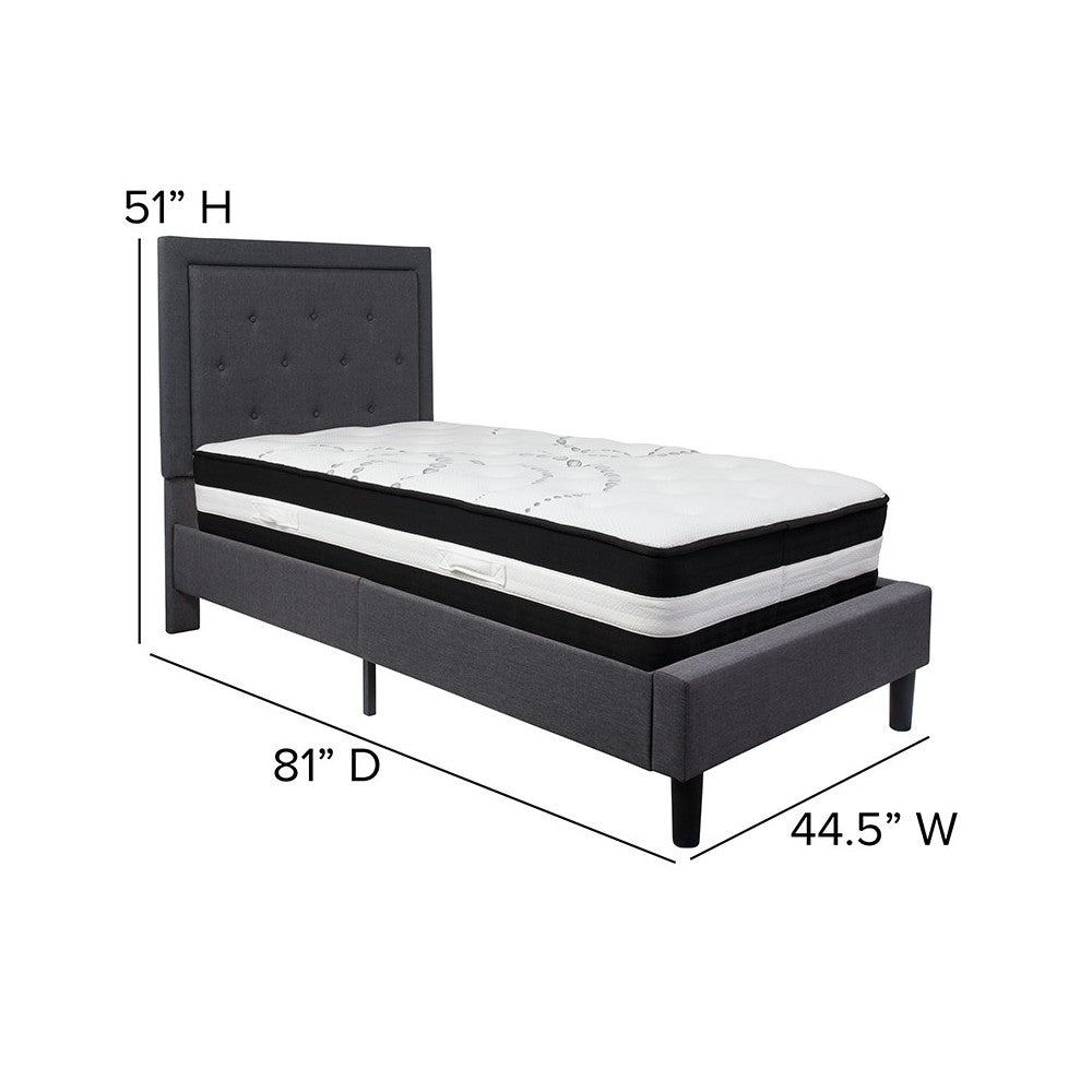 Roxbury Twin Size Tufted Upholstered Platform Bed in Dark Gray Fabric with Pocket Spring Mattress