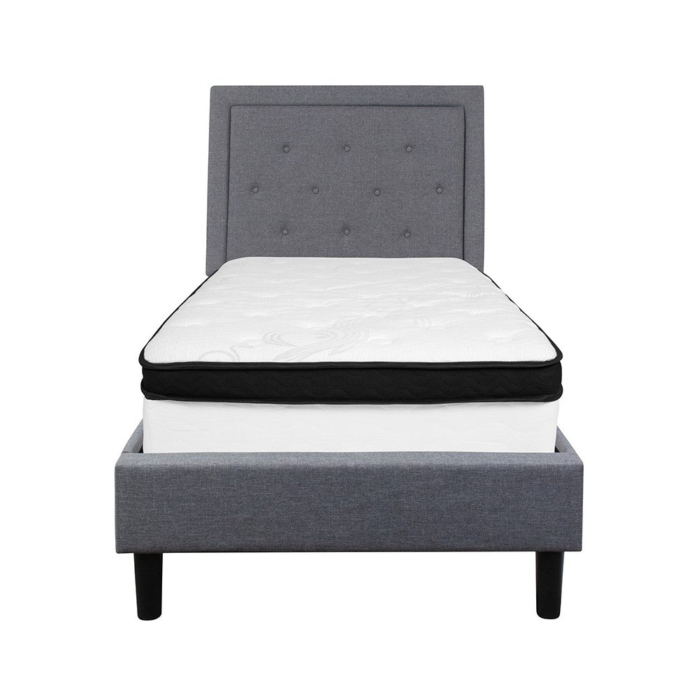 Roxbury Twin Size Tufted Upholstered Platform Bed in Light Gray Fabric with Memory Foam Mattress