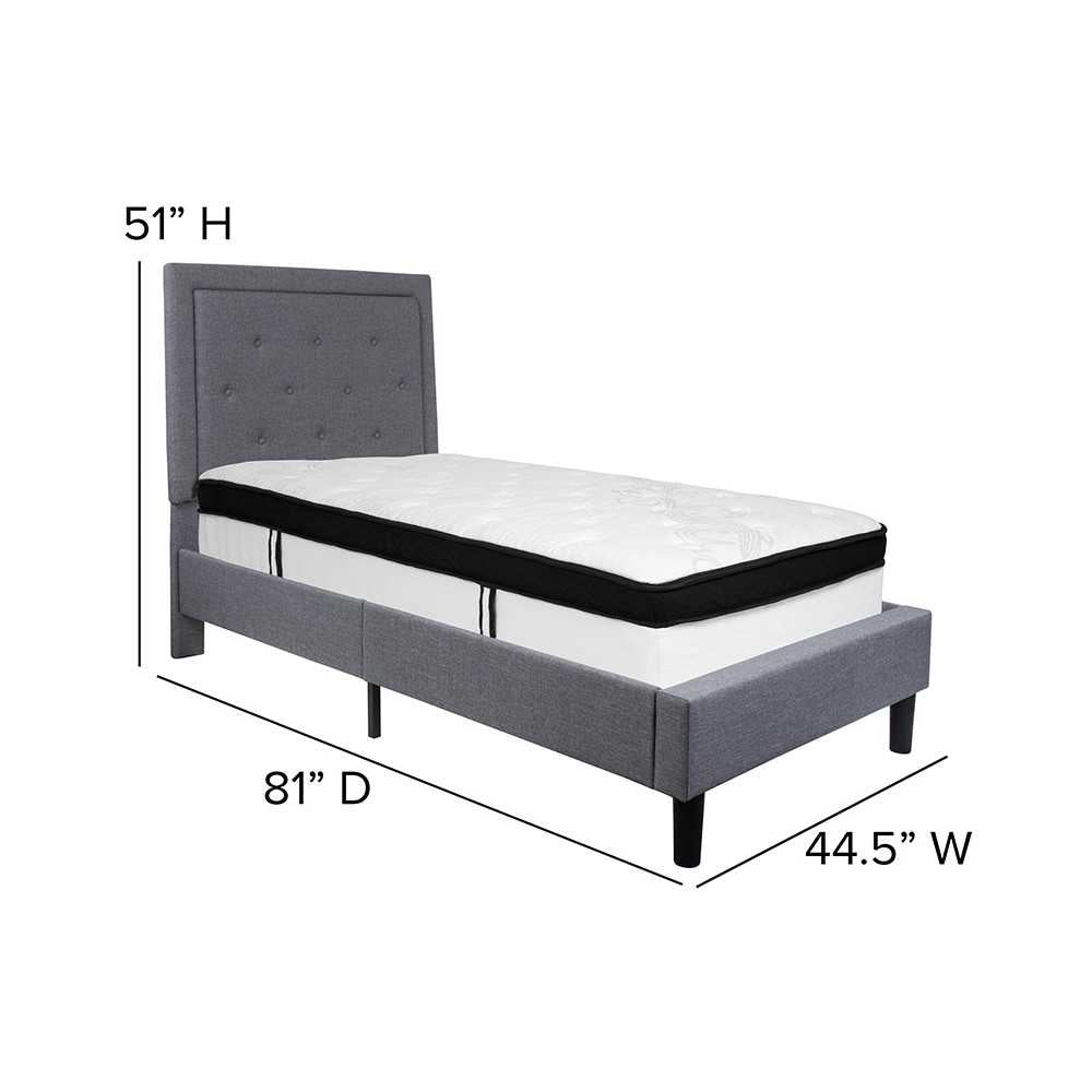 Roxbury Twin Size Tufted Upholstered Platform Bed in Light Gray Fabric with Memory Foam Mattress