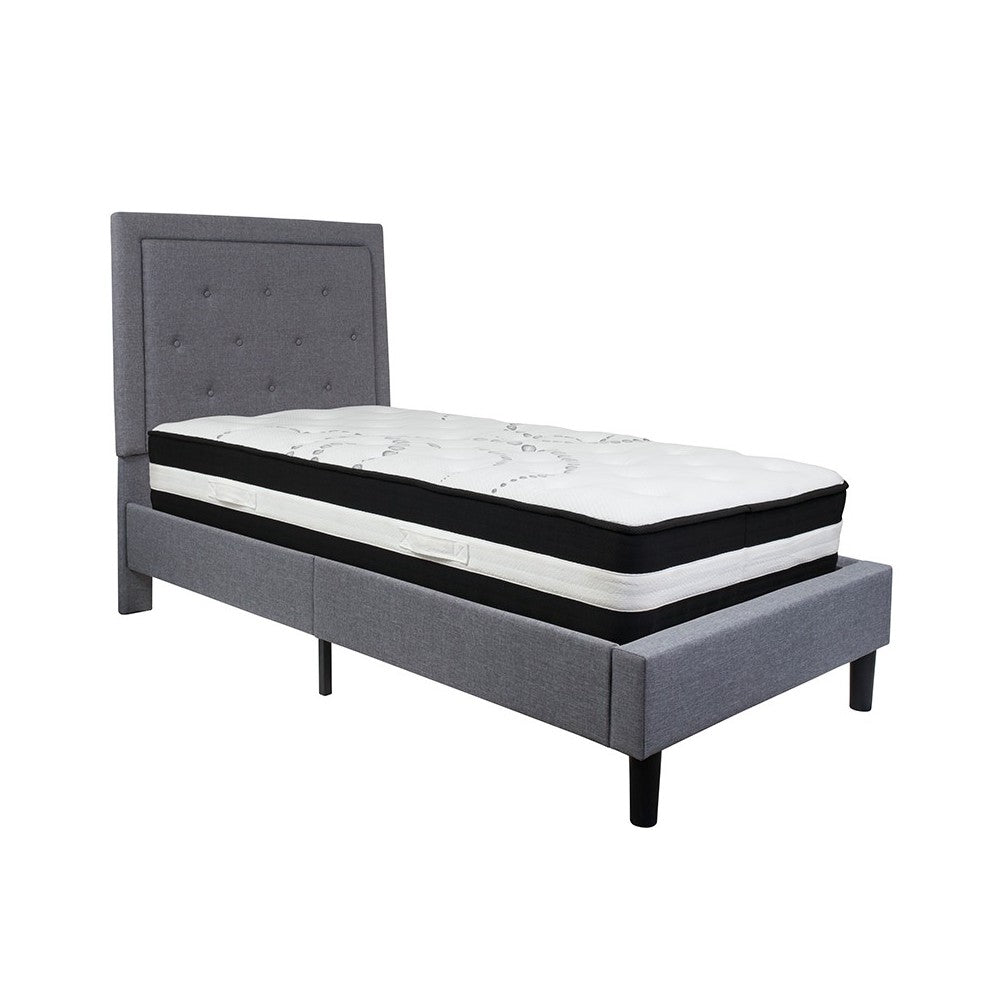 Roxbury Twin Size Tufted Upholstered Platform Bed in Light Gray Fabric with Pocket Spring Mattress