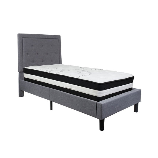 Roxbury Twin Size Tufted Upholstered Platform Bed in Light Gray Fabric with Pocket Spring Mattress