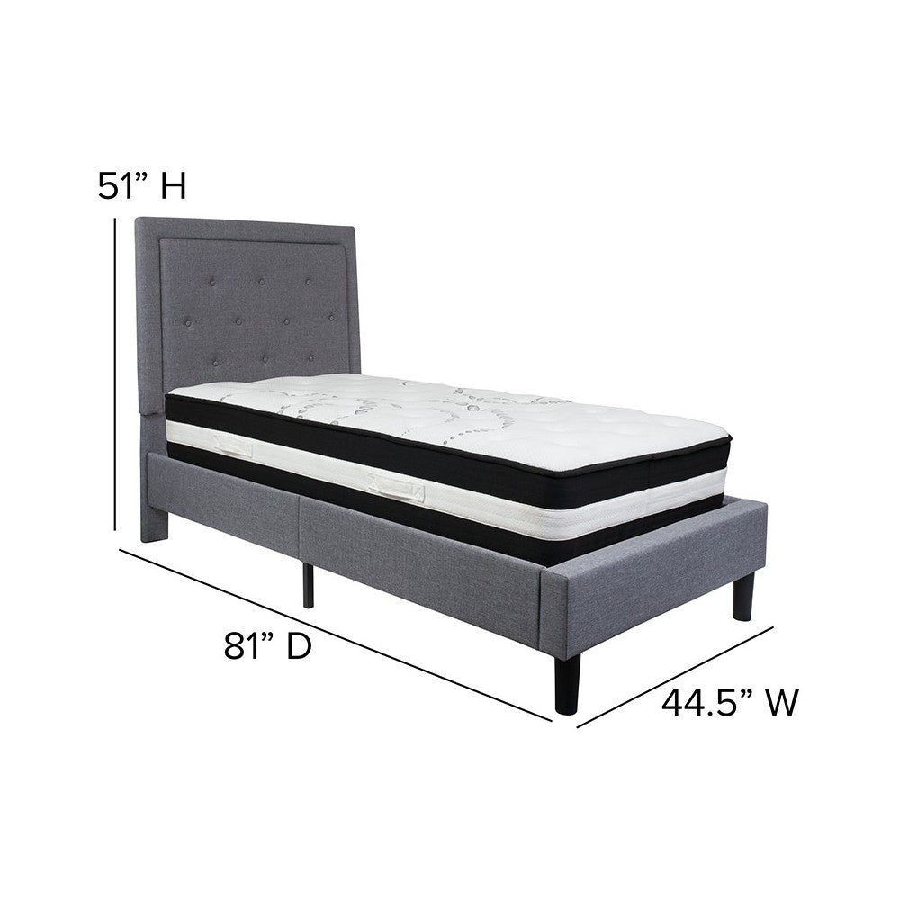 Roxbury Twin Size Tufted Upholstered Platform Bed in Light Gray Fabric with Pocket Spring Mattress