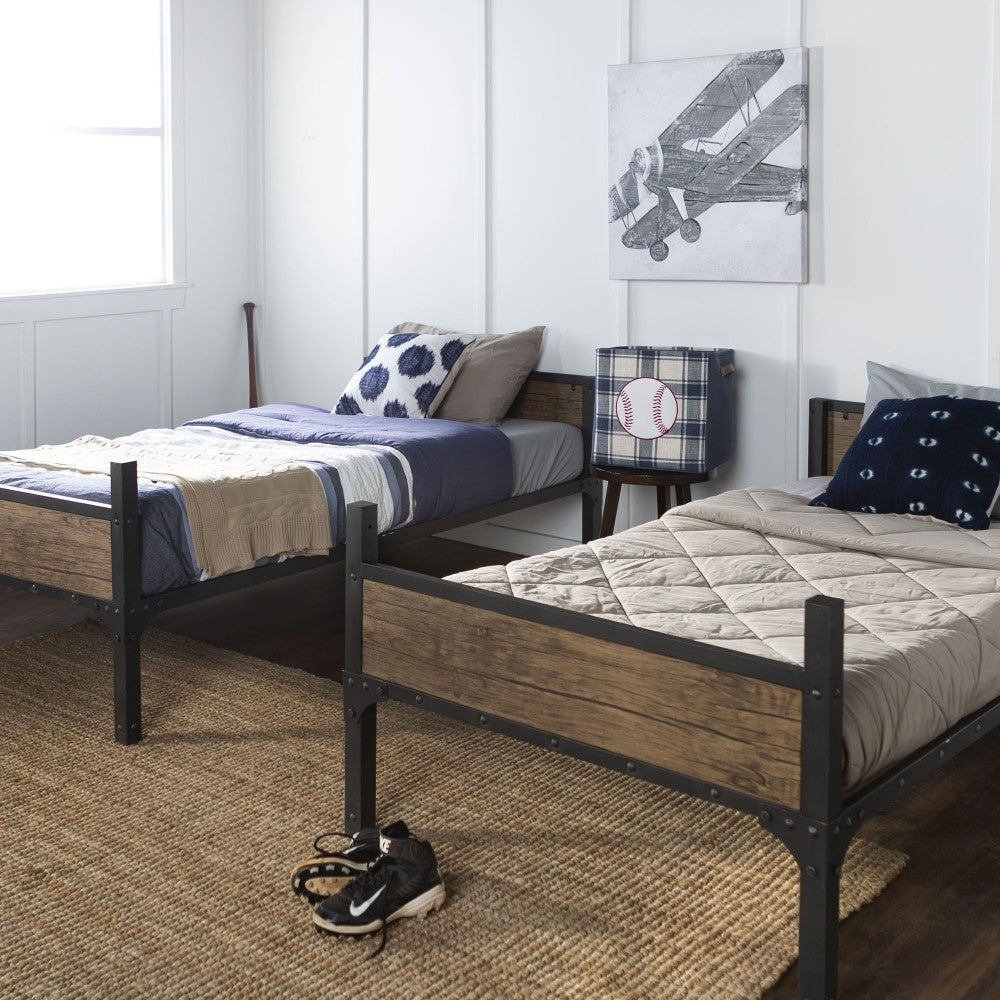 Rustic Industrial Twin over Twin Wood Bunk Bed - Brown
