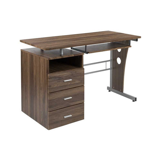 Rustic Walnut Desk with Three Drawer Pedestal and Pull-Out Keyboard Tray