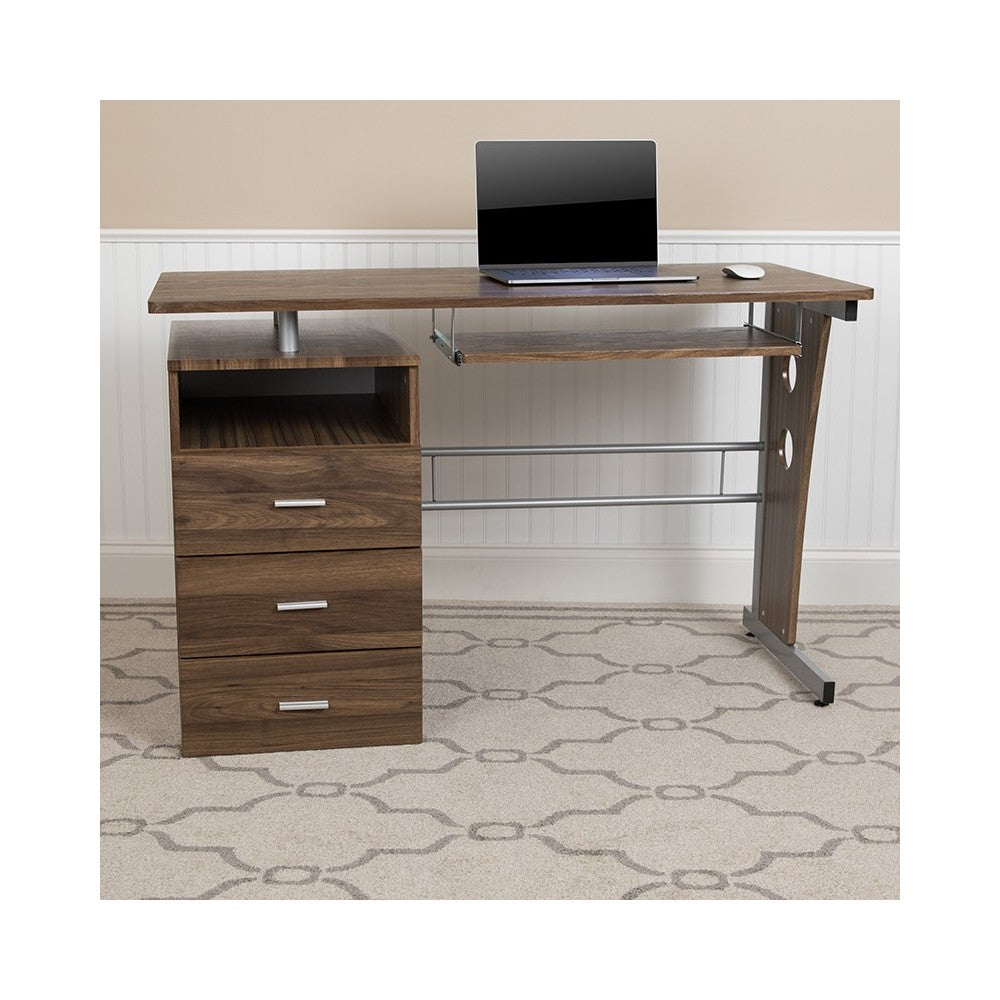 Rustic Walnut Desk with Three Drawer Pedestal and Pull-Out Keyboard Tray