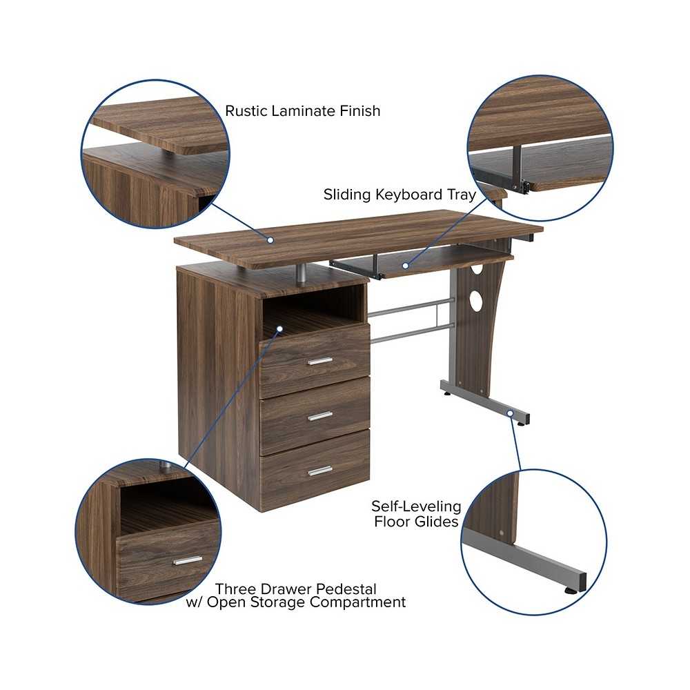 Rustic Walnut Desk with Three Drawer Pedestal and Pull-Out Keyboard Tray