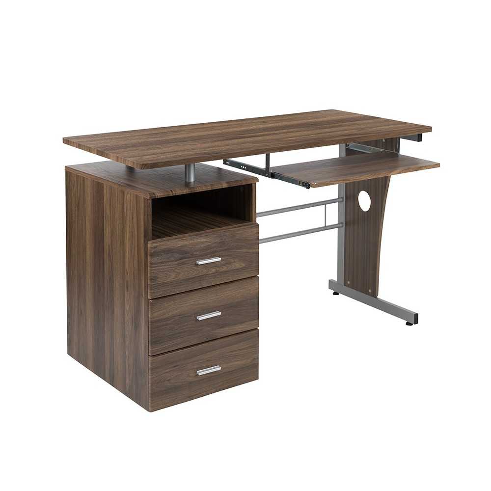 Rustic Walnut Desk with Three Drawer Pedestal and Pull-Out Keyboard Tray