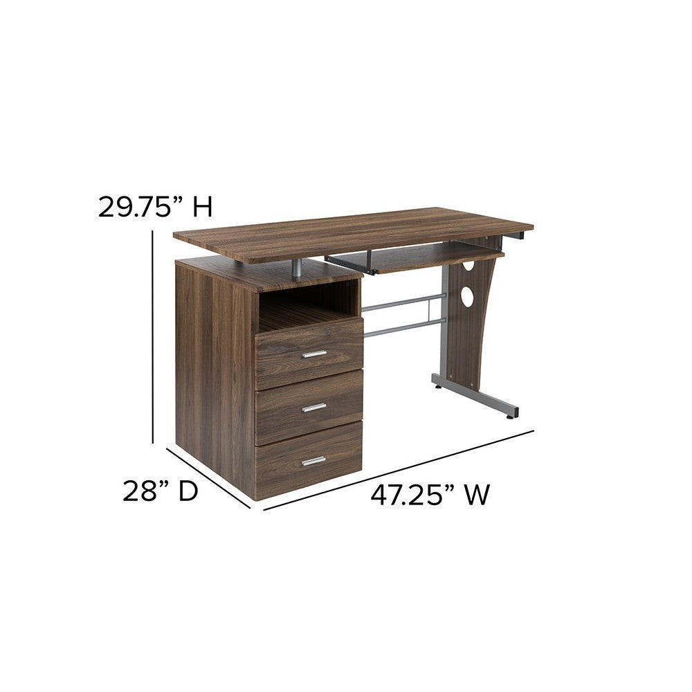 Rustic Walnut Desk with Three Drawer Pedestal and Pull-Out Keyboard Tray