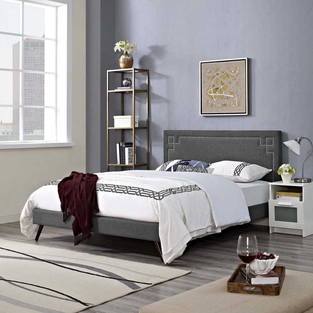 Ruthie King Fabric Platform Bed with Round Splayed Legs, Gray