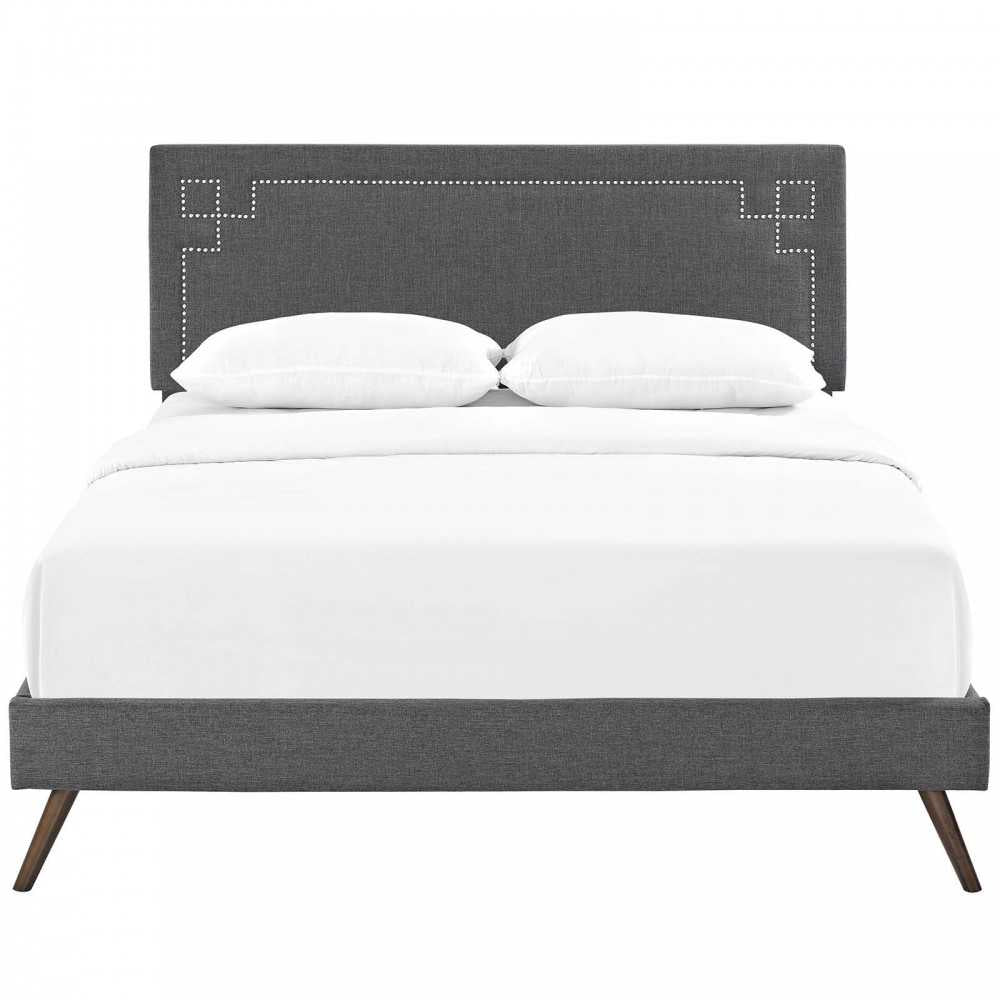 Ruthie King Fabric Platform Bed with Round Splayed Legs, Gray