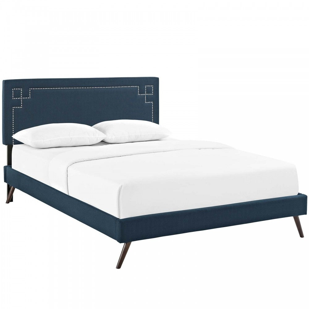 Ruthie King Fabric Platform Bed with Round Splayed Legs, Azure