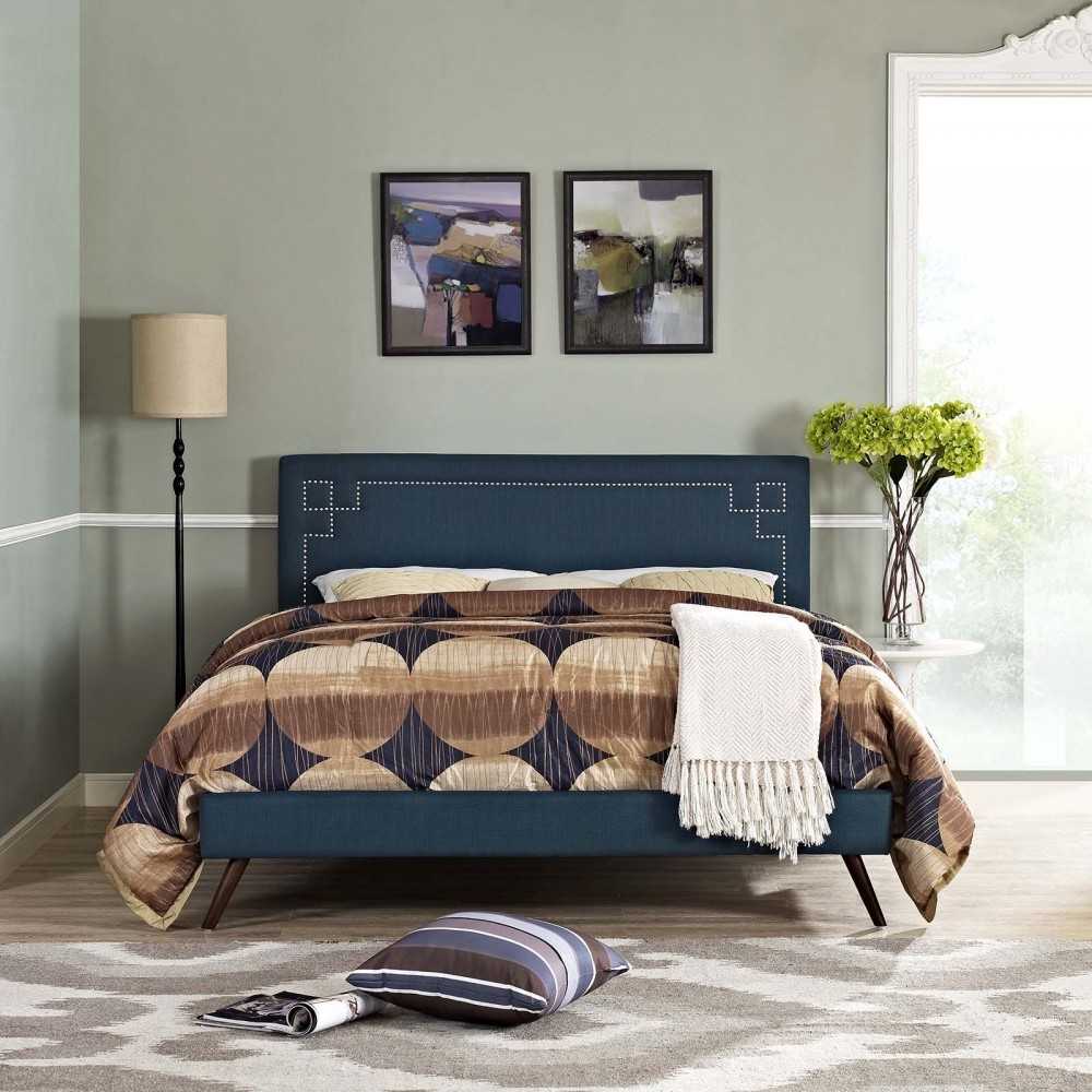 Ruthie King Fabric Platform Bed with Round Splayed Legs, Azure