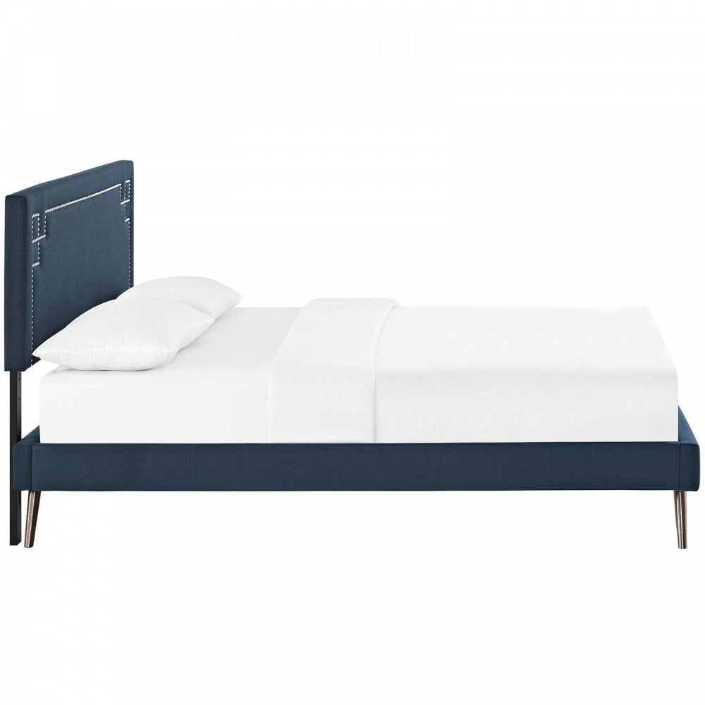 Ruthie King Fabric Platform Bed with Round Splayed Legs, Azure