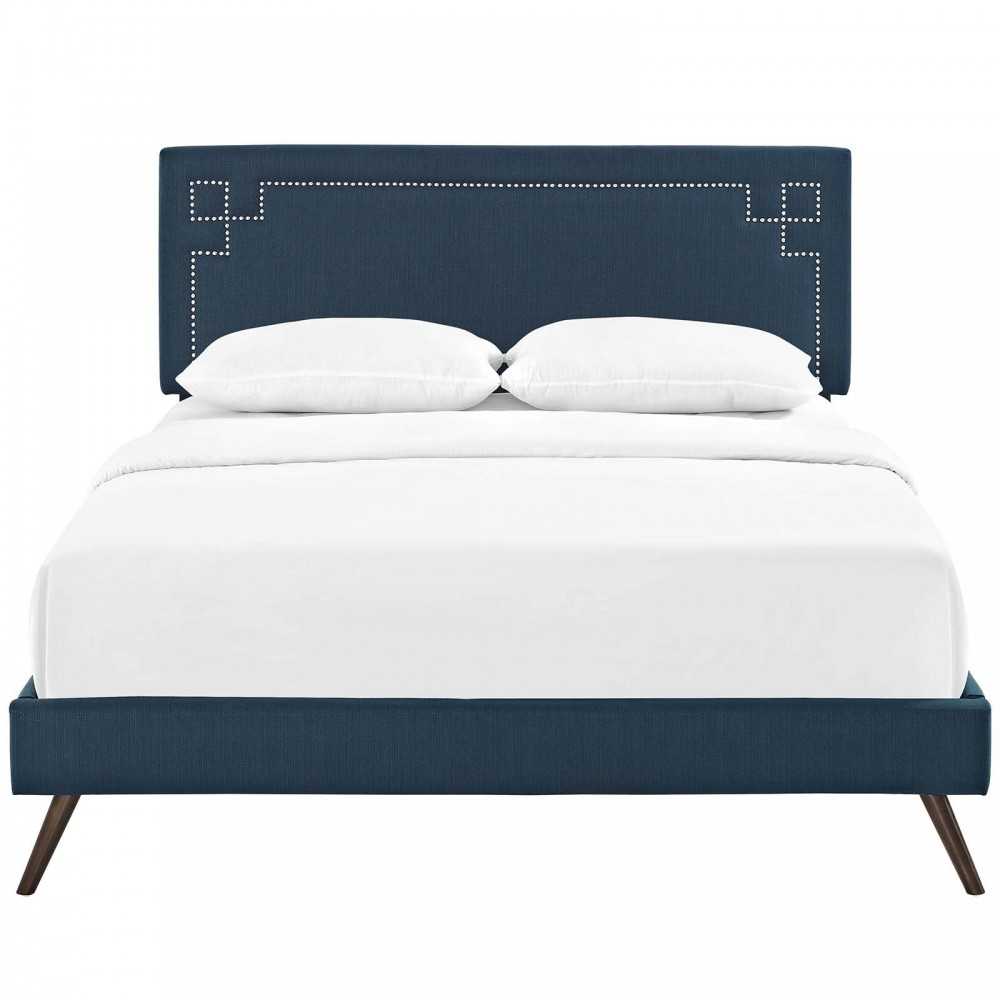 Ruthie King Fabric Platform Bed with Round Splayed Legs, Azure