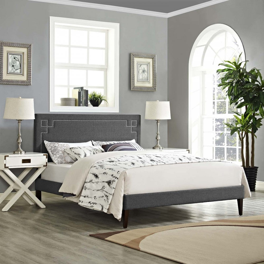 Ruthie King Fabric Platform Bed with Squared Tapered Legs, Gray