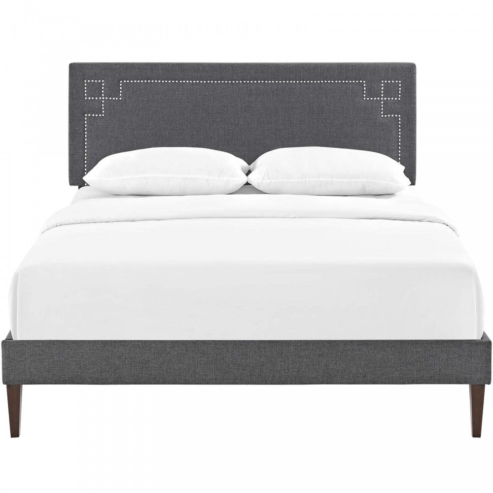 Ruthie King Fabric Platform Bed with Squared Tapered Legs, Gray